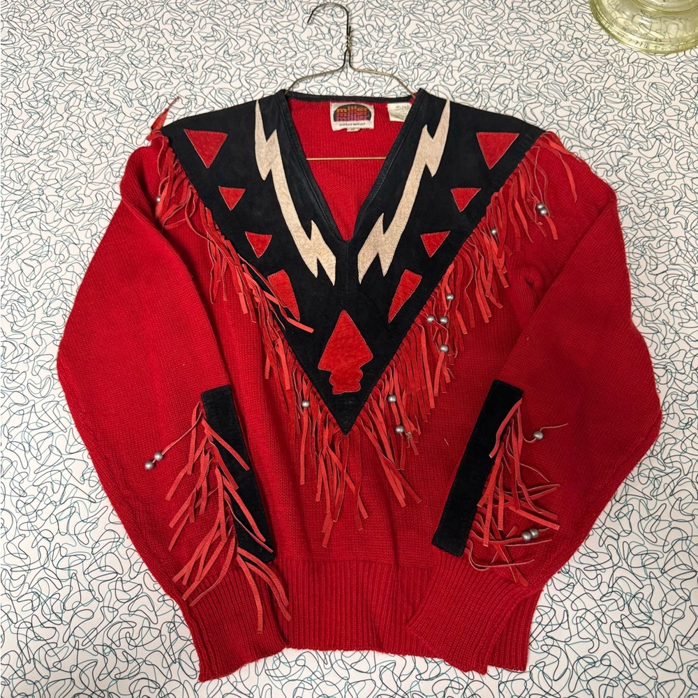 Vintage Red and Black Fringe Sweater